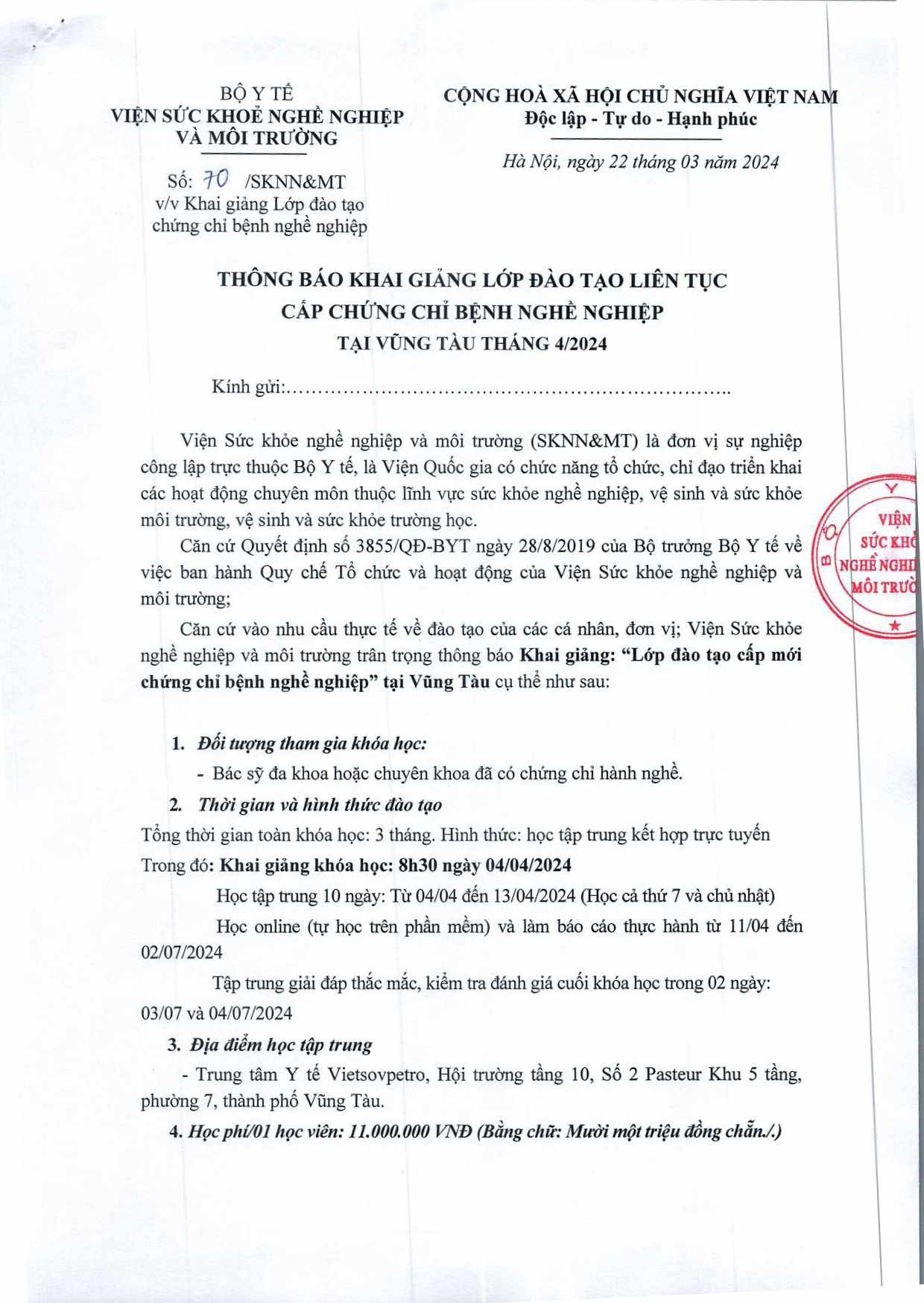 THÔNG BÁO KHAI GIẢNG LỚP ĐÀO TẠO LIÊN TỤC CẤP CHỨNG CHỈ BỆNH NGHỀ NGHIỆP TẠI VŨNG TÀU THÁNG 4/2024